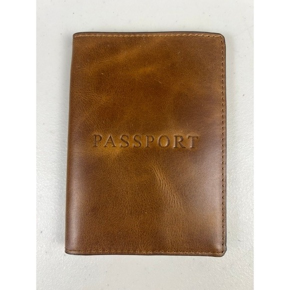 J.Crew Handbags - J.Crew Brown Leather Passport Cover Chambray Lined Travel Case Wallet
